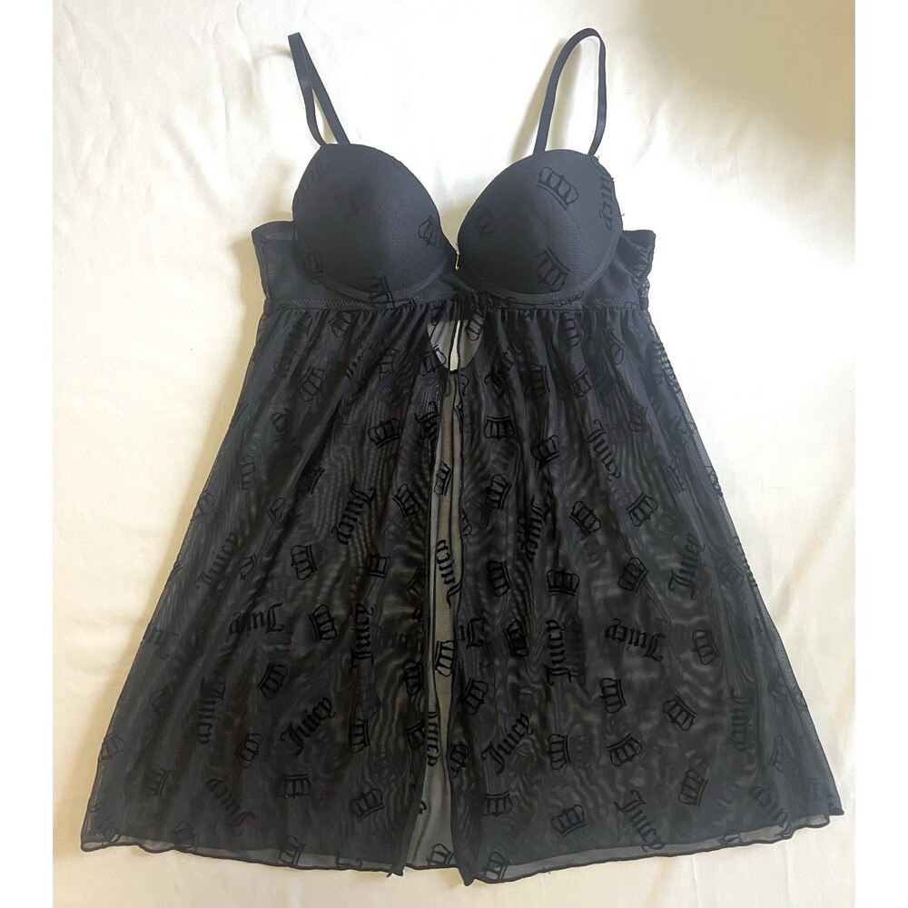 Juicy Couture Babydoll Lingerie Sz M Mesh Lace Velvet Crown Monogram Y2K Black